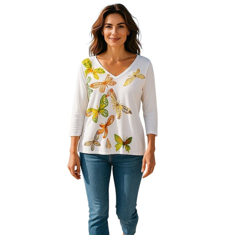 Hearts of Palm Women's Petites V-Neck Embroidery Look Blouse Multicolor Size  LP